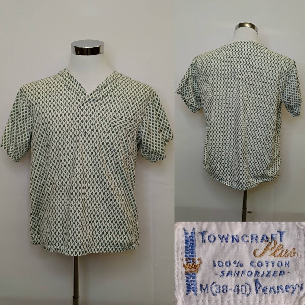 Towncraft Penney Sanforized Deep V Shirt Men's M White Green Vintage '60s #J5599